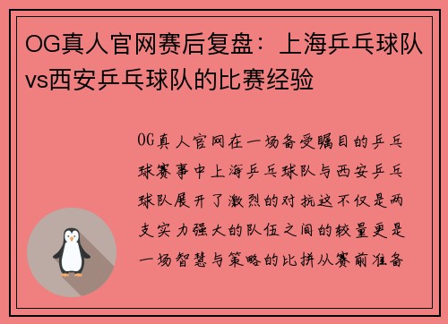 OG真人官网赛后复盘：上海乒乓球队vs西安乒乓球队的比赛经验